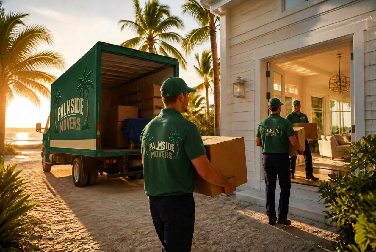 Palmside Movers crew carrying boxes into a coastal home at sunset
